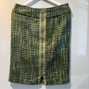 Vtg Wool Mix Green Lined Tweed Full Front  Zip Satin Medium Length Skirt Sz 9-10